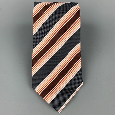 ERMENEGILDO ZEGNA Charcoal & Brown Diagonal Stripe Silk Tie