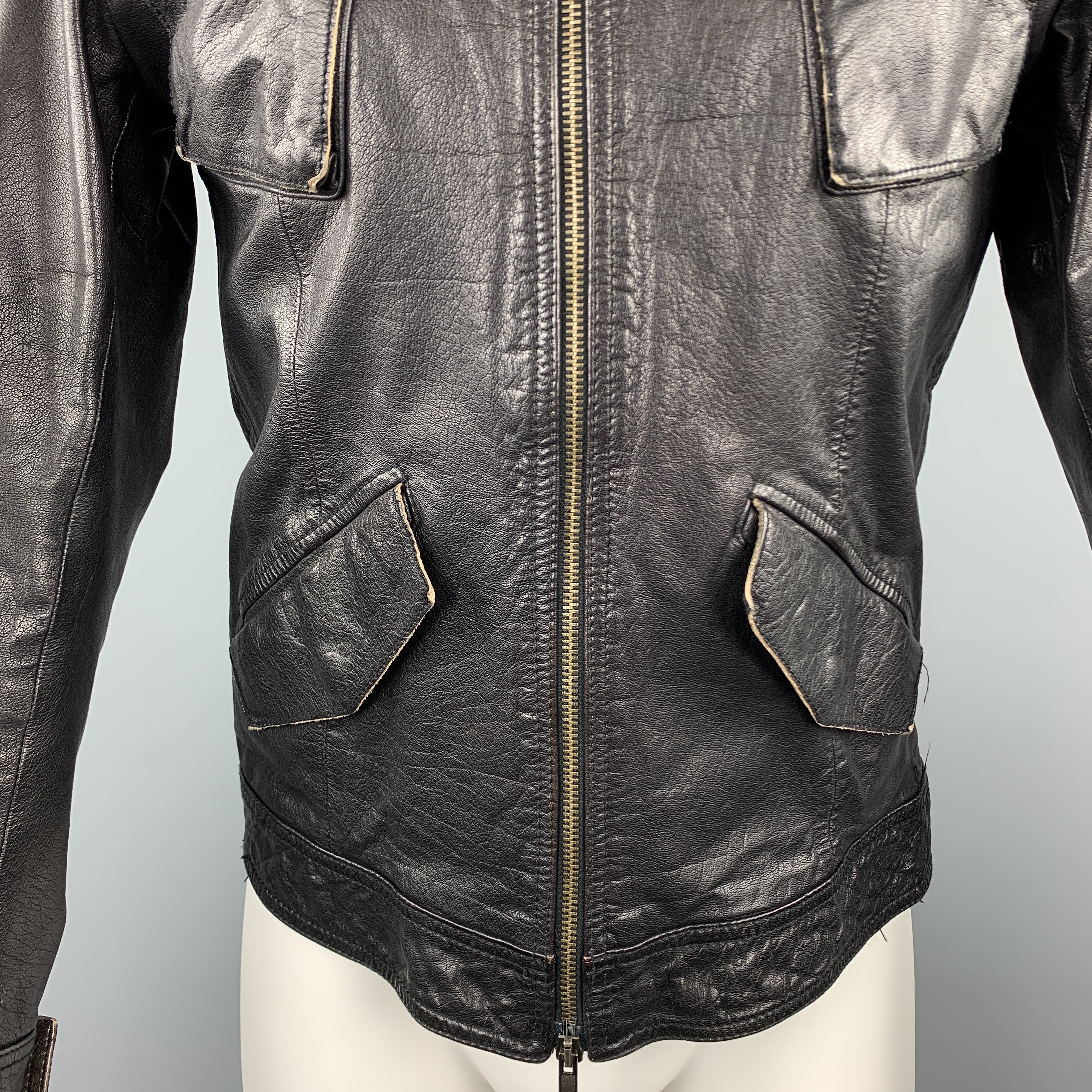EMPORIO ARMANI Size S Black Leather Full Zip Patch Pockets