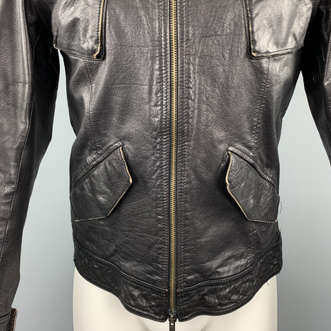 EMPORIO ARMANI Size S Black Leather Full Zip Patch Pockets Distressed Jacket