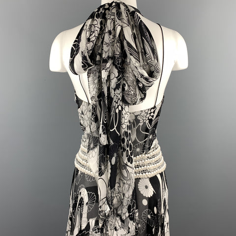 NAEEM KHAN Size 6 Black & White Floral Silk Beaded Halter Gown
