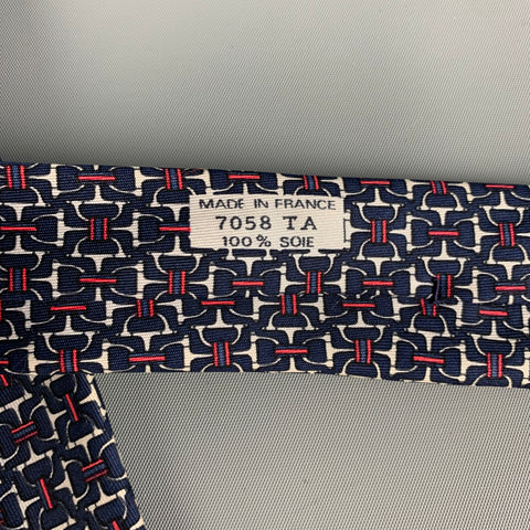 HERMES 7058 TA Navy Red White Equestrian Silk Tie