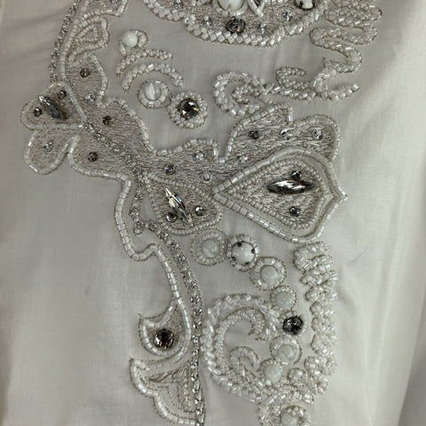 ROBERTO CAVALLI Size XXL White Cotton Beaded Rhinestone Floral Dress Shirt