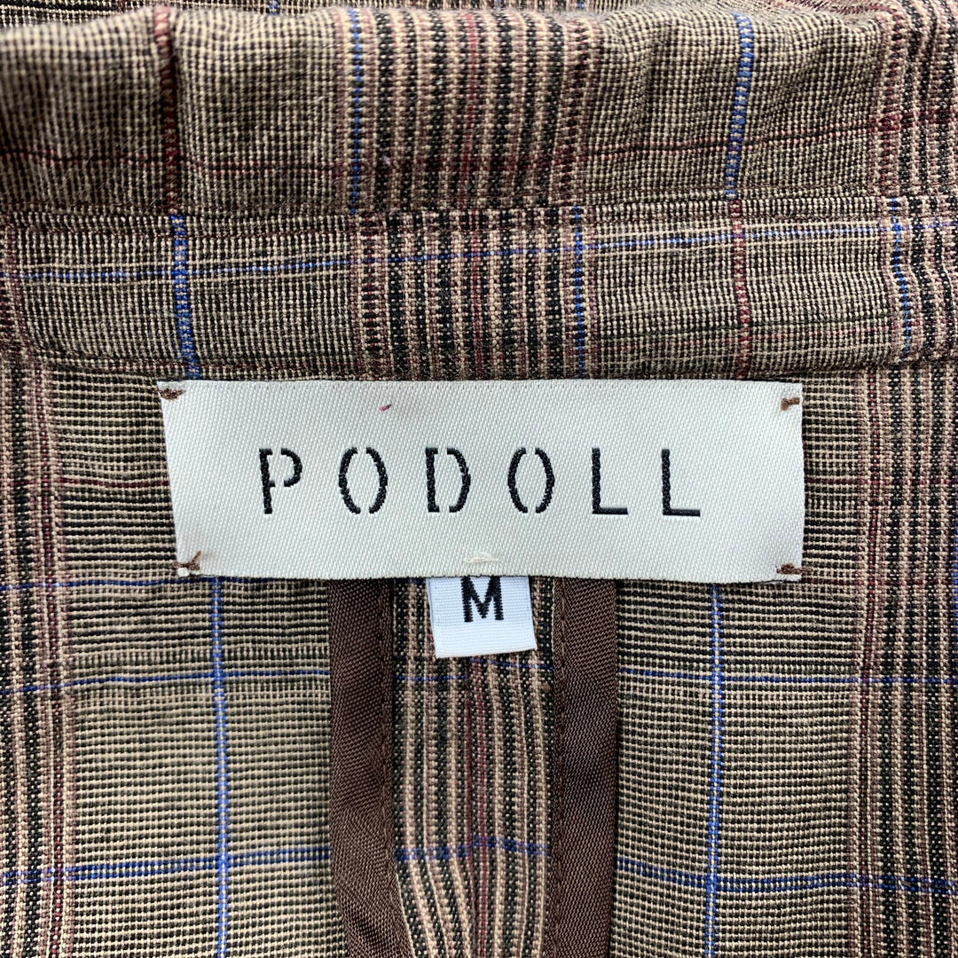 PODOLL Size M Brown Plaid Cotton Blend Peak Lapel Suit