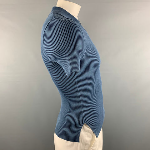 SALT MURPHY Size L Blue Ribbed Cotton V-Neck Pullover