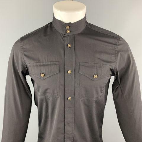 GUCCI Size S Black Solid Cotton Nehru Collar Long Sleeve Shirt