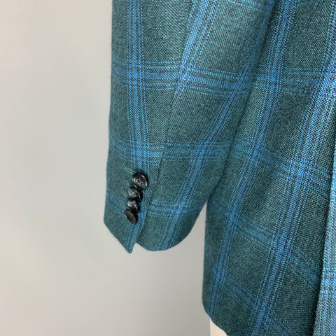KITON Size 44 Dark Green Blue Plaid Cashmere Notch Lapel Sport Coat