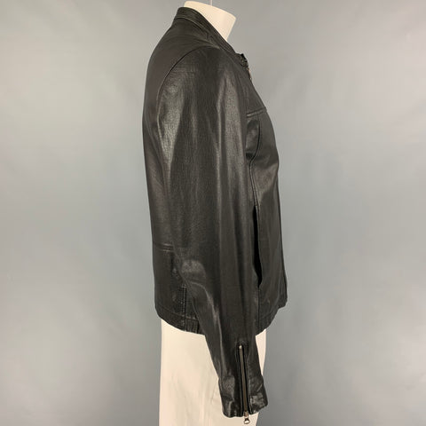 VINCE Chaqueta sin cuello de cuero negra talla L