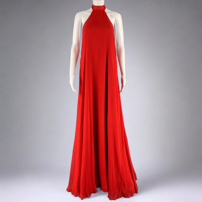 HALSTON Size 10 Red Silk Halter Long Gown