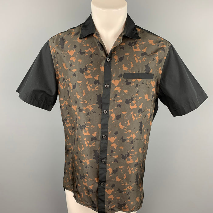 LANVIN Size S Black & Olive Print Silk Button Up Short Sleeve Shirt