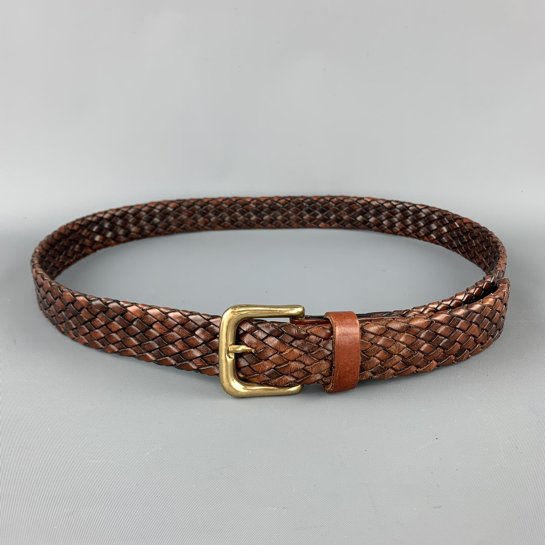 VINTAGE Sz 36 Woven Brown Leather Gold Brass Buckle Belt