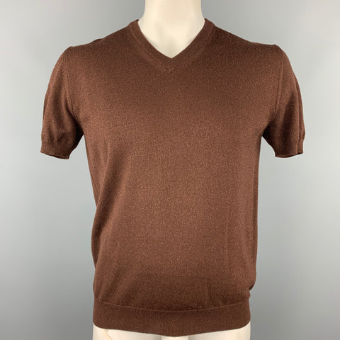 DOLCE & GABBANA Size L Brown Sparkle Wool Blend Short Sleeve Pullover