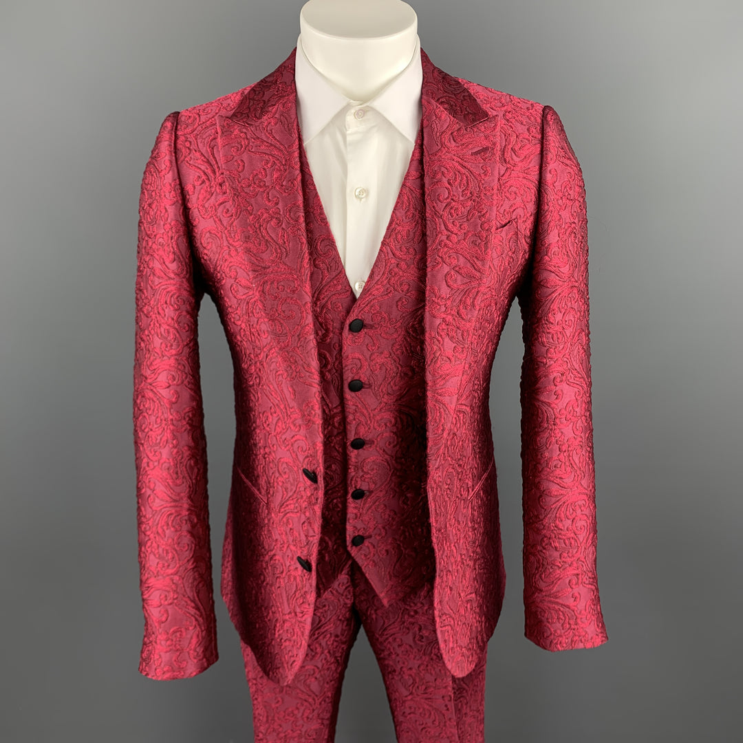 DOLCE & GABBANA Size 36 Raspberry Pink Brocade 3 Piece Peak Lapel Suit