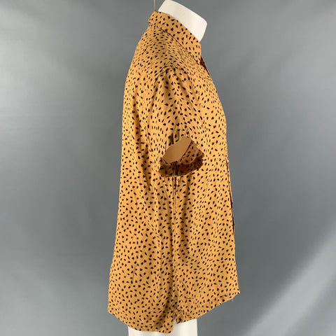 NEUW Size S Mustard &  Brown Leaves Rayon One pocket Short Sleeve Shirt