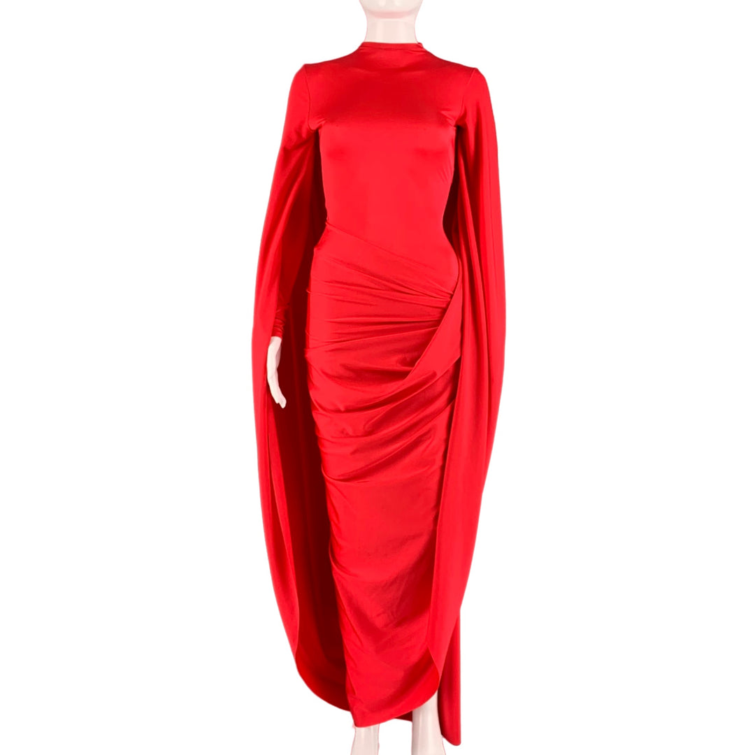 BALENCIAGA Size 4 Red Polyamide Eastane Draped Long Sleeve Gown