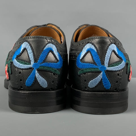 GUCCI Size 10.5 Black Applique Leather Wingtip Lace Up Shoes