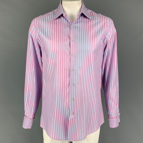 THOMAS PINK Talla L Camisa Manga Larga Puño Francés Algodón Rayas Azul Claro Rosa