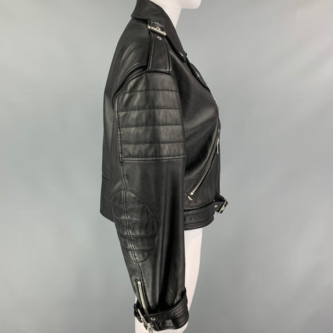 CELINE Size 6 Black Leather Motorcycle Cropped Jacket