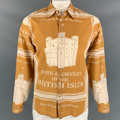 BURBERRY PRORSUM Spring 2015 Size L Mustard & White Print Cotton Silk Long Sleeve Shirt