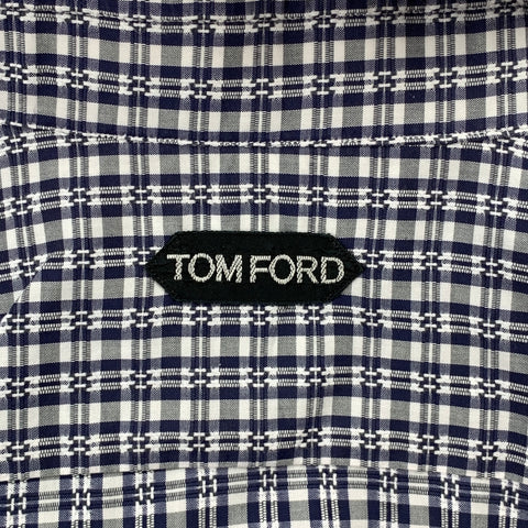 TOM FORD Size XL Navy & White Plaid Cotton Button Up Long Sleeve Shirt