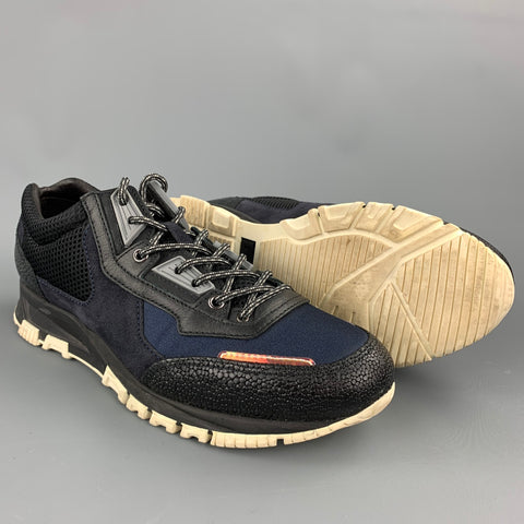 LANVIN Taille 9 Baskets à lacets en nylon à matériaux mélangés noirs et bleu marine