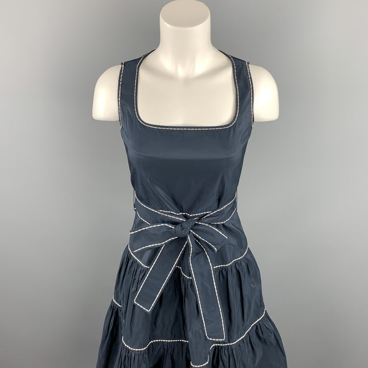 CAROLINA HERRERA Size 0 Navy Tafeta Polyester Tiered Belted Dress