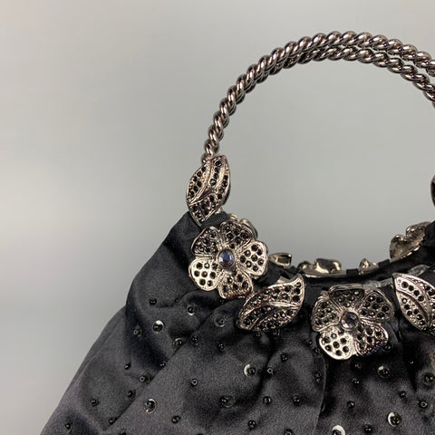 BADGLEY MISCHKA Black & Silver Beaded Satin Evening Handbag