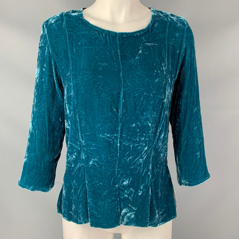 HAZEL BROWN Size 2 Blue Silk & Velvet 3/4 Sleeve Blouse