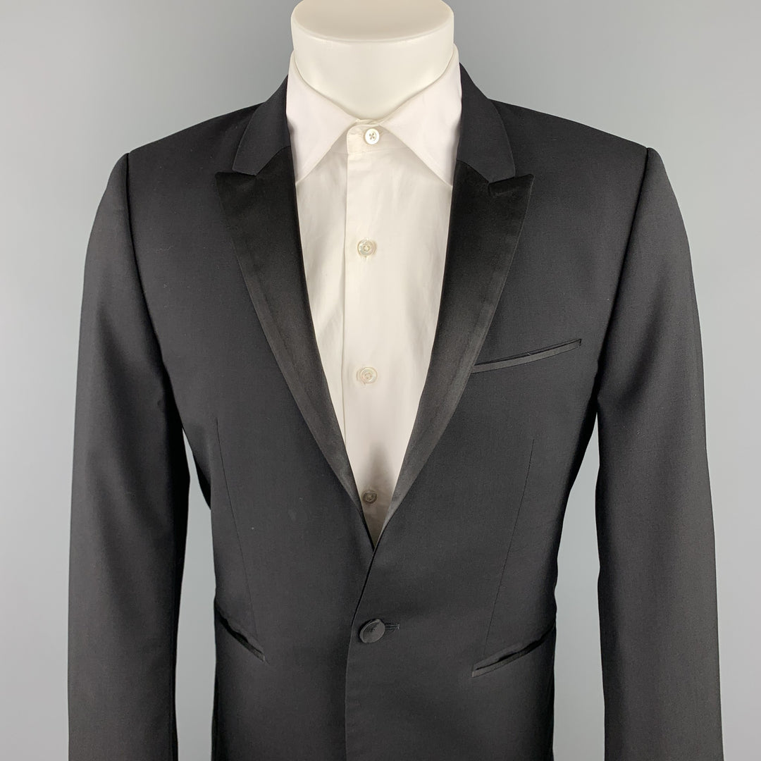 HUGO BOSS Size 38 Short Black Wool Peak Lapel Tuxedo Suit