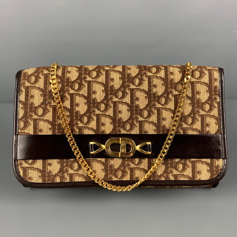 Vintage CHRISTIAN DIOR Brown Beige Monogram Canvas Leather Handbag