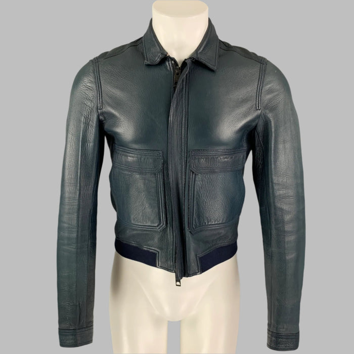 BURBERRY PRORSUM Size S Blue Navy Bonded Leather Blouson Jacket