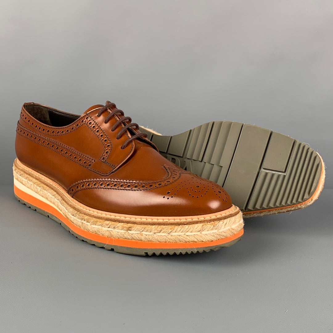 PRADA Size 10.5 Tan Orange Leather Perforated Wingtip Laces