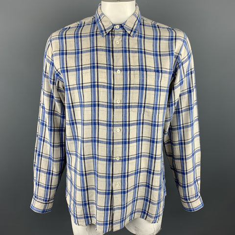 MARGARET HOWELL Size XL Grey & Blue Plaid Linen Button Up Long Sleeve Shirt