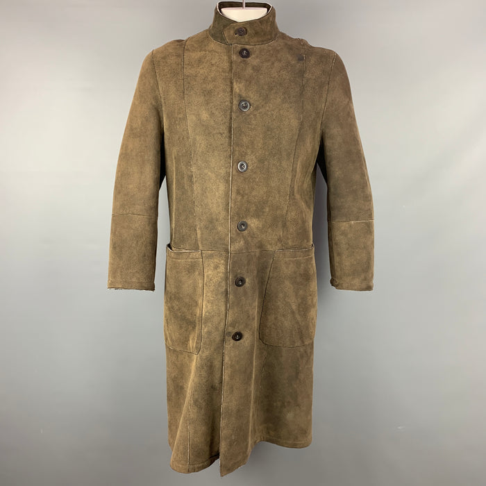 ARMANI COLLEZIONI Size 42 Olive Distressed Shearling Buttoned Coat