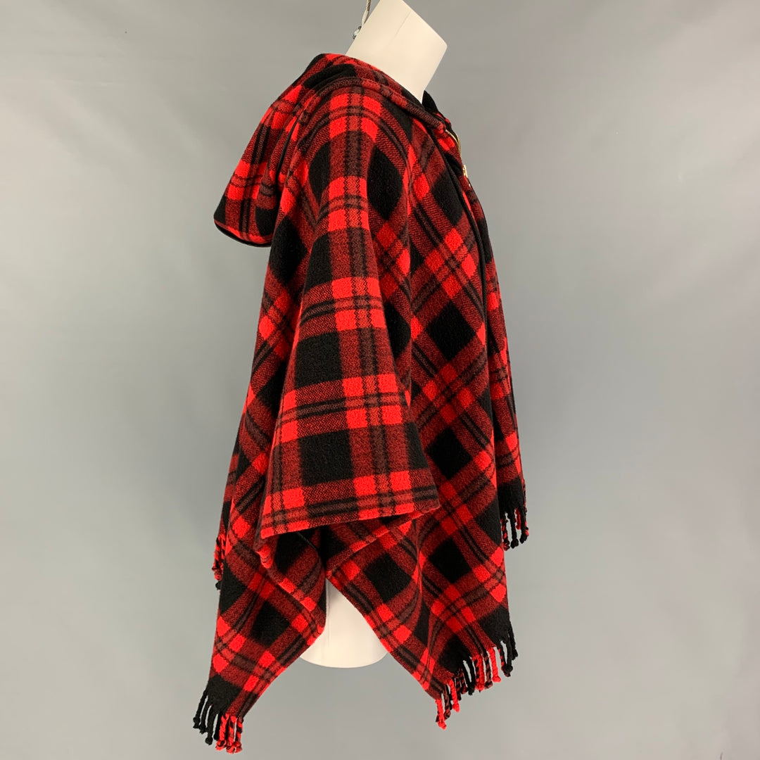 KATE SPADE Size One Size Red Black Wool Blend Plaid Zip Up Cape