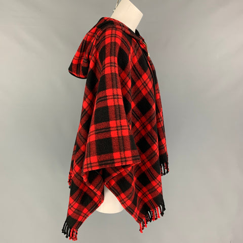 KATE SPADE Size One Size Red Black Wool Blend Plaid Zip Up Cape