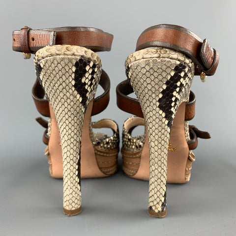 PRADA Talla 9.5 Sandalias peep con tiras y plataforma de piel de pitón