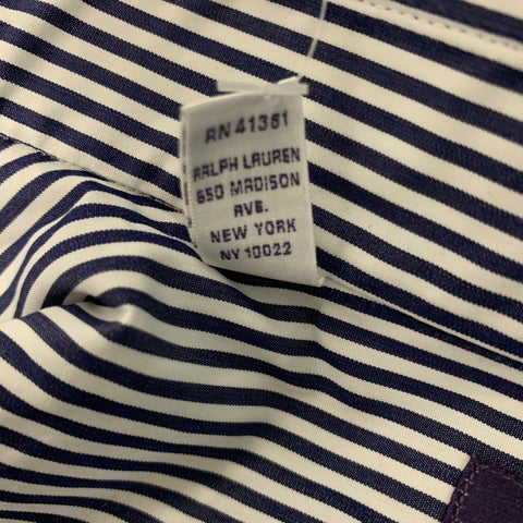 RALPH LAUREN Size XL White & Navy Stripe Cotton French Cuff Long Sleeve Shirt