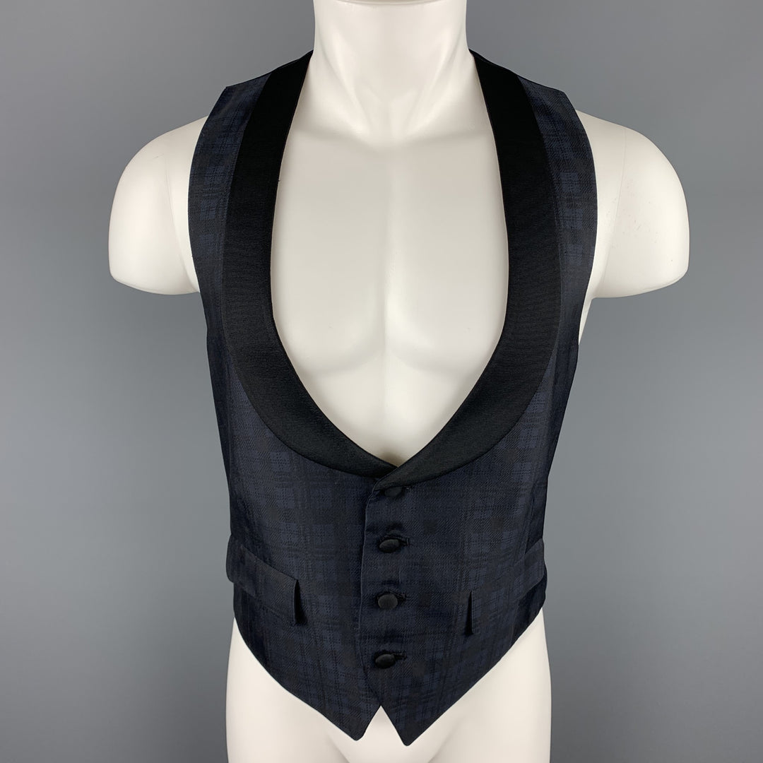 BAND OF OUTSIDERS Size 38 Black & Navy Plaid Silk Shawl Collar Vest
