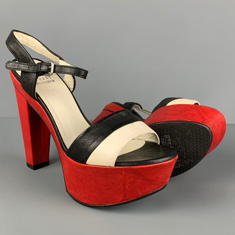 STUART WEITZMAN Size 6 Red Black White Leather Color Block Platform Sandals
