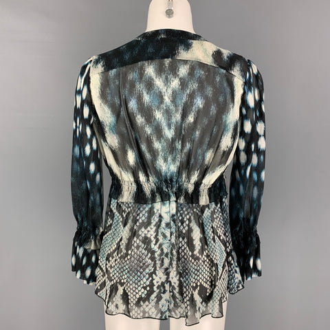 ROBERTO CAVALLI Size 2 Grey Blue Cream Silk Snake Skin Print V-Neck Blouse