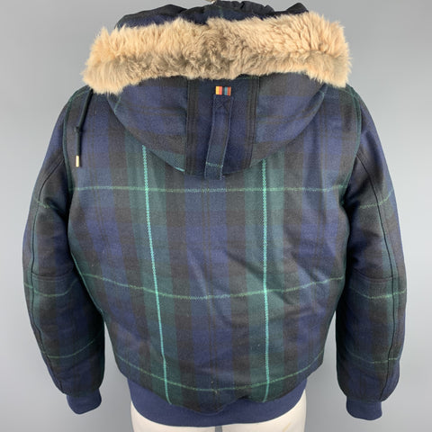 PAUL SMITH Size XL Navy & Green Plaid Wool / Cashmere Down Filled Jacket