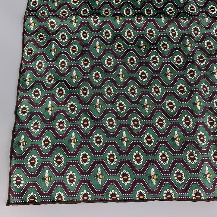 GUCCI Green & Brown Bee Print Silk Pocket Square