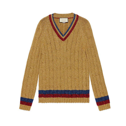 GUCCI Size XL Gold Metallic Fiber Blend Cable Knit V-Neck Sweater