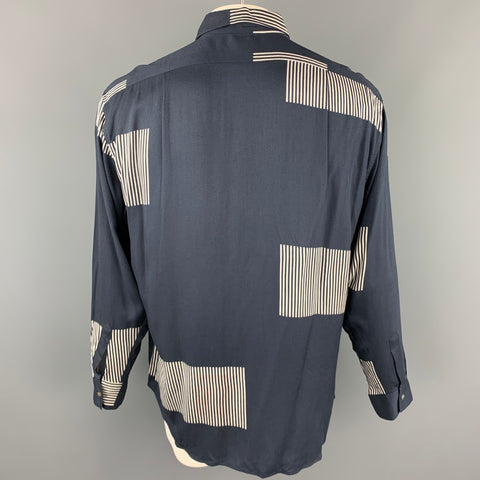 PAUL SMITH Size L Navy Print Rayon Button Up Long Sleeve Shirt