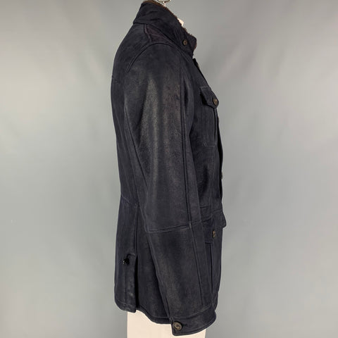 BRUNELLO CUCINELLI Size XL Navy Leather Zip & Buttons Jacket