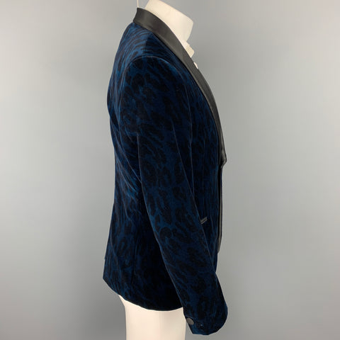 VERSACE COLLECTION Size 38 Navy & Black Animal Print Velvet Shaw Lapel Sport Coat