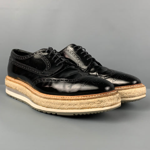 PRADA Size 10.5 Black Perforated Leather Wingtip Lace Up Shoes