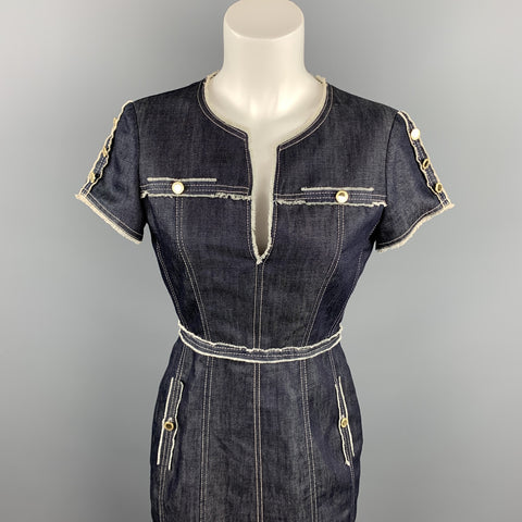 CAROLINA HERRERA Size 4 Blue Cotton / Linen Contrast Stitch Sheath Dress