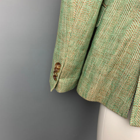 ETRO Superleggera Size 40 Green & Tan Herringbone Cotton / Linen Notch Lapel Sport Coat