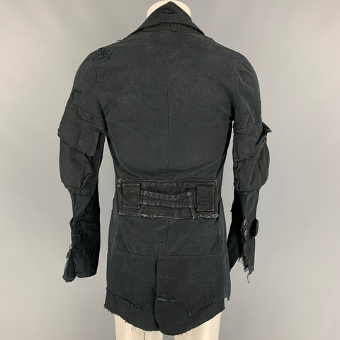 GREG LAUREN Size 36 Black Distressed Open Front Jungle Shirt Jacket